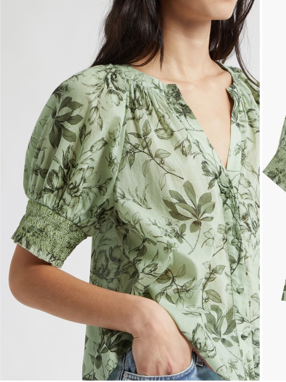 Alice and Olivia Thalia Floral Cotton Puff Sleeve Top Mystic Garden Sage L NEW